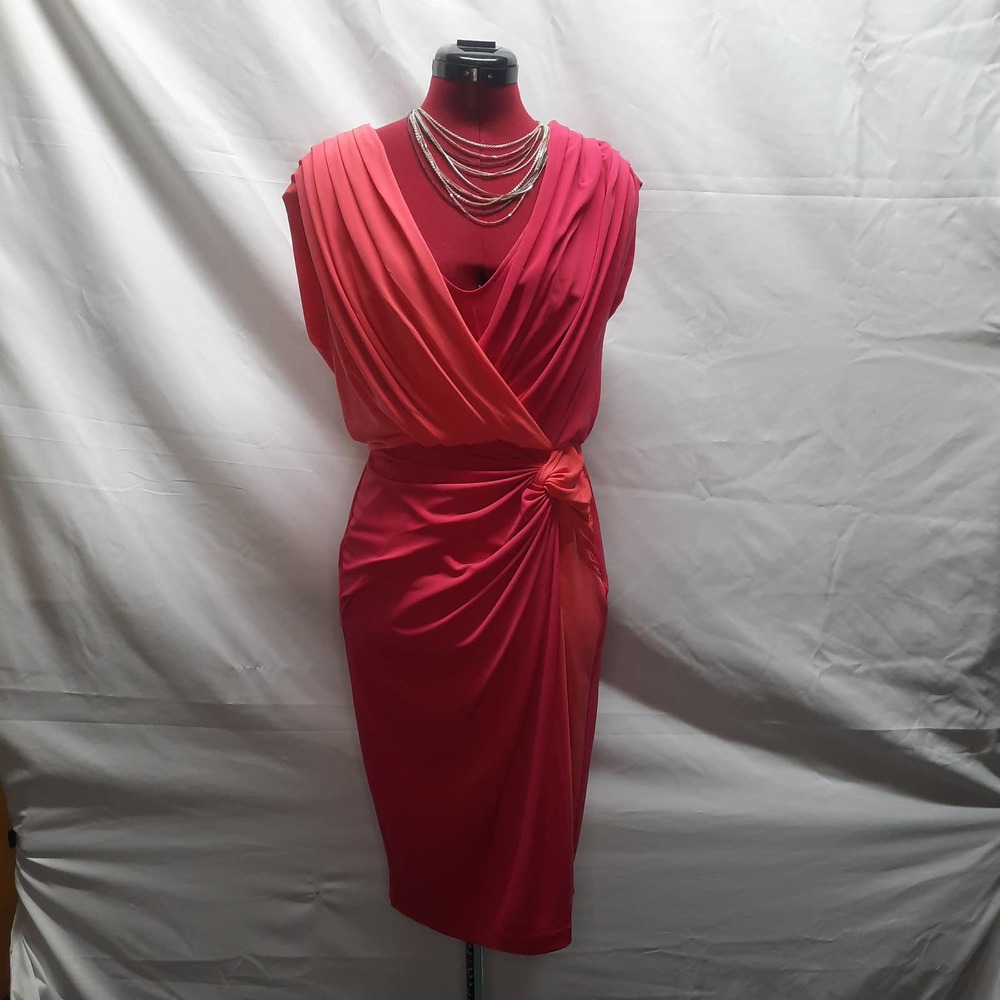 Maggie London Pink Coral Color Block Pleated V-Neck front back Ruched Dress 8